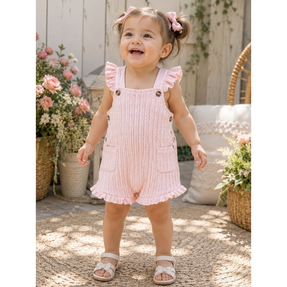 Just Lizzy Baby Girl Pink Cable Knit Ruffle Shortall Romper 18M